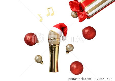 PNG, Christmas gifts with microphone, microphone with santa hat isolated on white background. 120630348