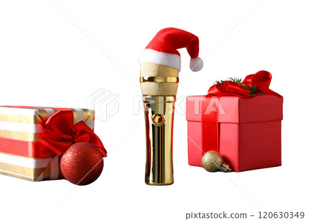 PNG, New Year gift, Christmas gifts with microphone isolated on white background. PNG, New Year gift, Christmas gifts with microphone isolated on white background. 120630349