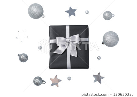 PNG, Christmas gift boxes with Christmas toys isolated on white background. PNG, Christmas gift boxes with Christmas toys isolated on white background. 120630353