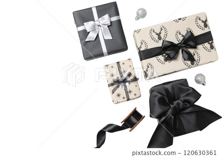 PNG, Christmas gifts, packing process, isolated on white background. PNG, Christmas gifts, packing process, isolated on white background. 120630361