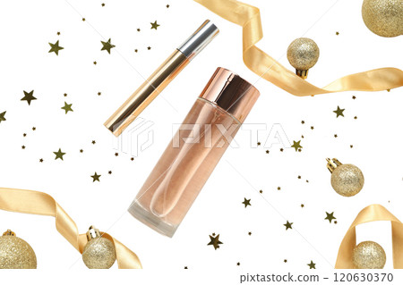 PNG, Cosmetics, new year. perfume with Christmas toys, isolated on white background. 120630370