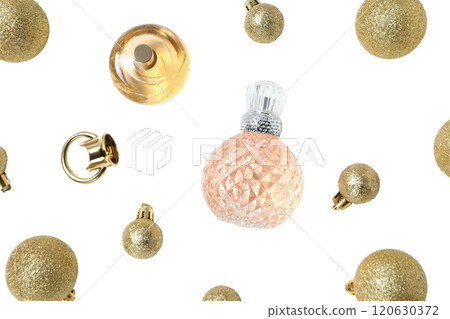PNG, Cosmetics, new year. perfume with Christmas toys, isolated on white background. 120630372