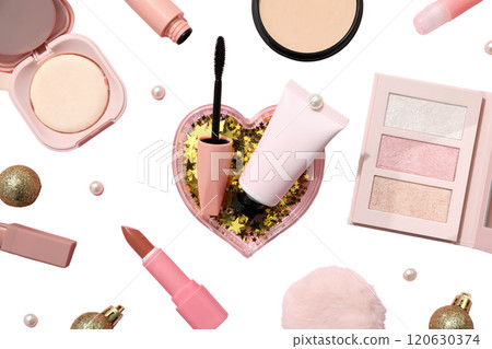 PNG, Christmas cosmetics, decorative cosmetics with Christmas decorations, isolated on white background. PNG, Christmas cosmetics, decorative cosmetics with Christmas decorations, isolated on white background. 120630374