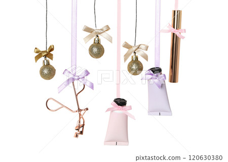 PNG, Christmas cosmetics, decorative cosmetics with Christmas decorations, isolated on white background. PNG, Christmas cosmetics, decorative cosmetics with Christmas decorations, isolated on white background. 120630380