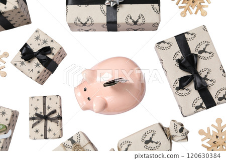 PNG, Christmas piggy bank, with festive decorations and gifts, isolated on white background. 120630384