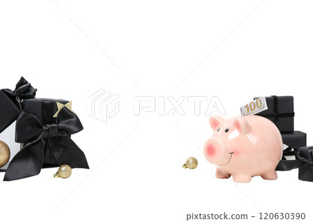 PNG, Christmas piggy bank, with festive decorations and gifts, isolated on white background. PNG, Christmas piggy bank, with festive decorations and gifts, isolated on white background. 120630390