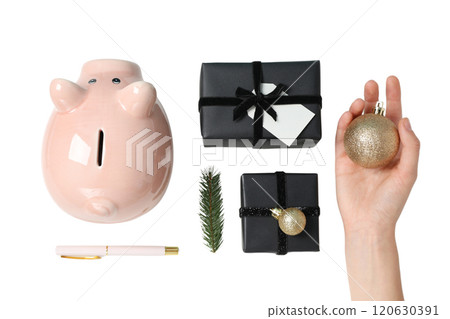 PNG, Christmas piggy bank, with festive decorations and gifts, isolated on white background. PNG, Christmas piggy bank, with festive decorations and gifts, isolated on white background. 120630391