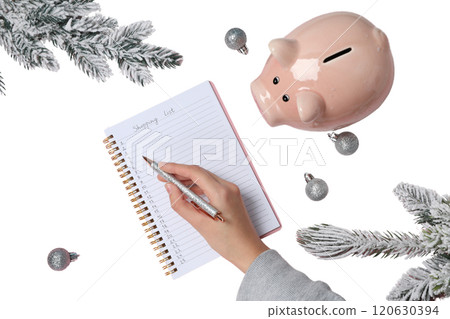 PNG, Christmas piggy bank, with festive decorations and gifts, isolated on white background. PNG, Christmas piggy bank, with festive decorations and gifts, isolated on white background. 120630394