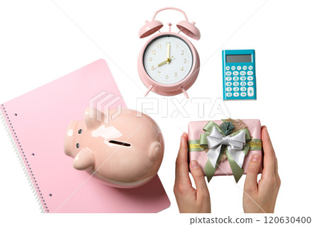 PNG, Christmas piggy bank, with festive decorations and gifts, isolated on white background. PNG, Christmas piggy bank, with festive decorations and gifts, isolated on white background. 120630400