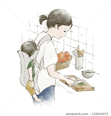 一名婦女背著嬰兒做飯 120630472