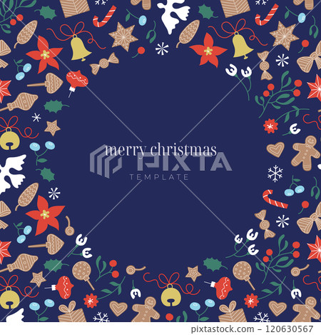Merry Christmas and Happy New Year greeting card, invitation, poster, holiday cover template. Modern flat floral square frame and background design. Vector round arch. Merry Christmas and Happy New Year greeting card, invitation, poster, holiday cover template. Modern flat floral square frame and background design. Vector round arch. 120630567