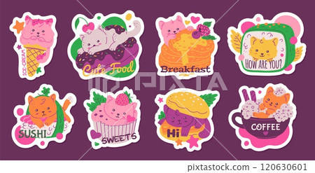 Cute cat in food stickers collection with lettering, funny burger, rolls, cupcake, ice cream cone with kitten comic menu 120630601