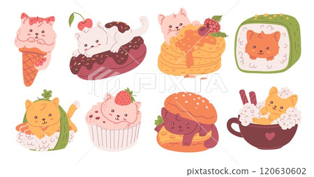 Cute cat in food icons set, funny burger, rolls, donut, cupcake, ice cream cone with kitten, cartoon comic cafe menu Cute cat in food icons set, funny burger, rolls, donut, cupcake, ice cream cone with kitten, cartoon comic cafe menu 120630602