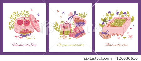 A collection of vector posters with handmade soap with natural ingredients and in beautiful packages 120630616