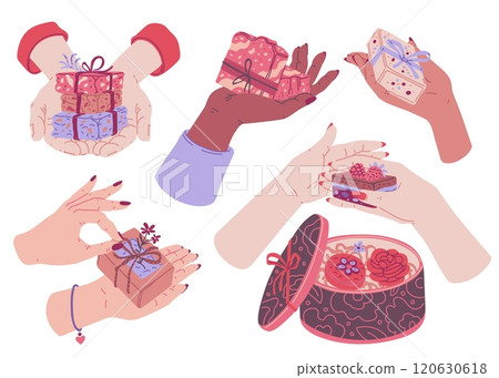 Handmade soap. Set of vector illustrations with hands showing soap packaging. Handmade soap. Set of vector illustrations with hands showing soap packaging. 120630618