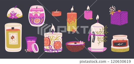 Aromatic perfume fragrance candles flat vector set, burning candles decorated with flowers, fruits and organic materials 120630619