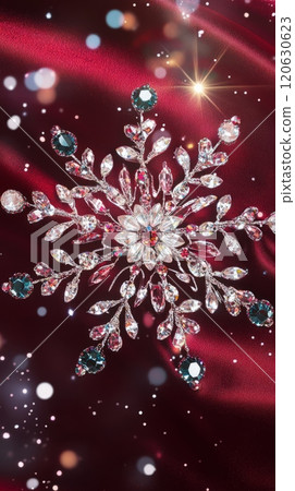 Vertical red background with sparkling crystal snowflake and festive shimmering bokeh. 120630623