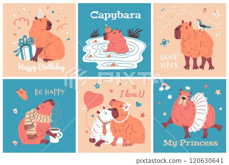 Cute capybaras on card vector design set with inscriptions I love you, Good vibes, Happy birthday, cartoon funny rodents 120630641