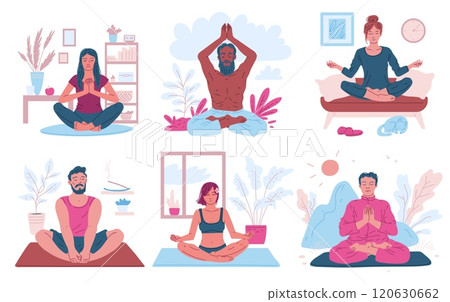 Young people meditating in lotus pose in nature or at home, vector cartoon tranquil person doing yoga, healthy lifestyle Young people meditating in lotus pose in nature or at home, vector cartoon tranquil person doing yoga, healthy lifestyle 120630662