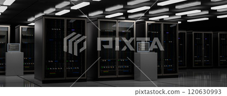 Server room. Server data center. Backup, mining, hosting, mainframe, farm and computer rack with storage information. 3d rendering 120630993