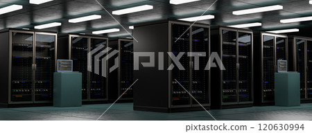 Server room. Server data center. Backup, mining, hosting, mainframe, farm and computer rack with storage information. 3d rendering 120630994