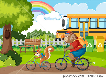 Animals Biking in a Park Scene Animals Biking in a Park Scene 120631367