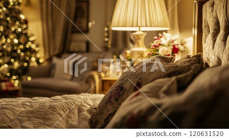 Bed and pillows in bedroom with Christmas tree and holiday decorations 120631520