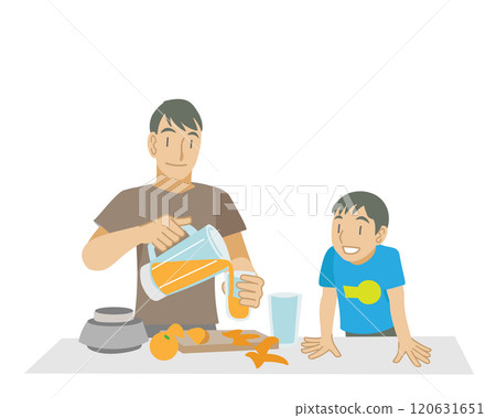 Father and son making fruit juice 120631651