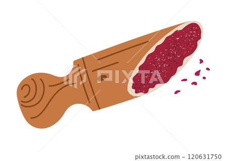 Wooden spoon or scoop filled with red spice powder, chili pepper flackes or paprika. Vector illustration in flat cartoon style, ideal for culinary, kitchen, and seasoning related designs Wooden spoon or scoop filled with red spice powder, chili pepper flackes or paprika. Vector illustration in flat cartoon style, ideal for culinary, kitchen, and seasoning related designs 120631750