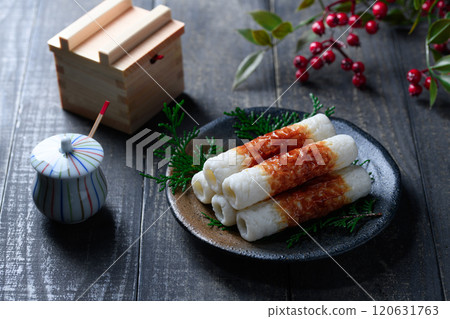 Traditional Taste: Grilled Chikuwa (Dark Background) 120631763