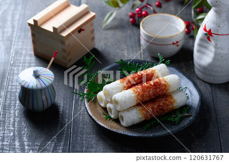 Traditional Taste: Grilled Chikuwa (Dark Background) 120631767