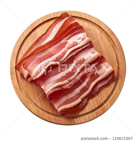 Crisp and Flavorful Bacon Slices on Wooden Plate Crisp and Flavorful Bacon Slices on Wooden Plate 120631807
