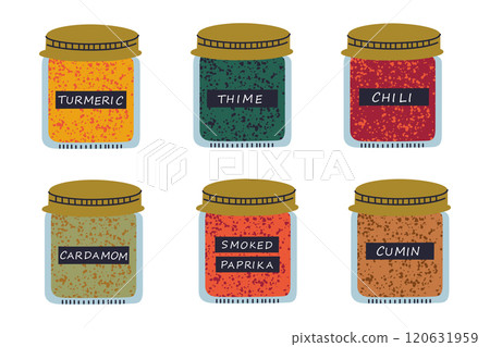 Set of glass jars with metal lids and black labels, colorful spices turmeric, cumin, and chili. Vector illustrations of cardamom, thyme and paprika in flat cartoon style, culinary and kitchen designs Set of glass jars with metal lids and black labels, colorful spices turmeric, cumin, and chili. Vector illustrations of cardamom, thyme and paprika in flat cartoon style, culinary and kitchen designs 120631959