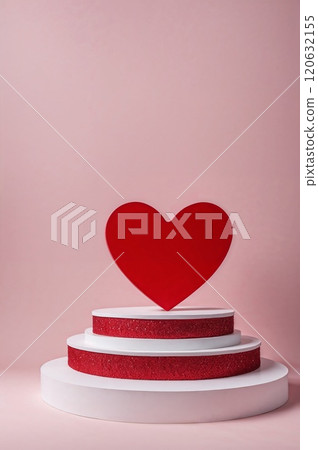 Red heart on tiered white podium with pink background for advertising macro products 120632155