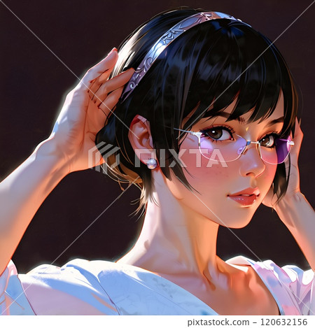 Portrait of a Japanese woman with short black hair and brown eyes 120632156