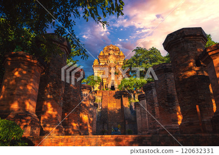 Po Nagar Cham Towers in Nha Trang in Vietnam. A famous tourist landmark with heritage ancient ruins of the Cham temple complex 120632331