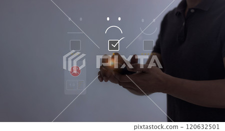 Young man hand holding smartphone to review and gives 1 star, with poor service results, Bad review 120632501