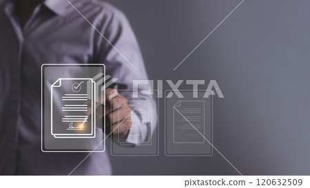 Young man hand using a pen touching to sign a Online Business Contract Young man hand using a pen touching to sign a Online Business Contract 120632509