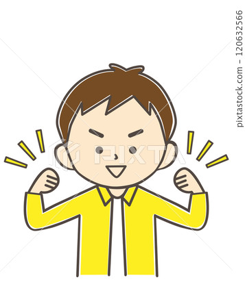 A smiling boy raising his arms and making a fist pump 120632566