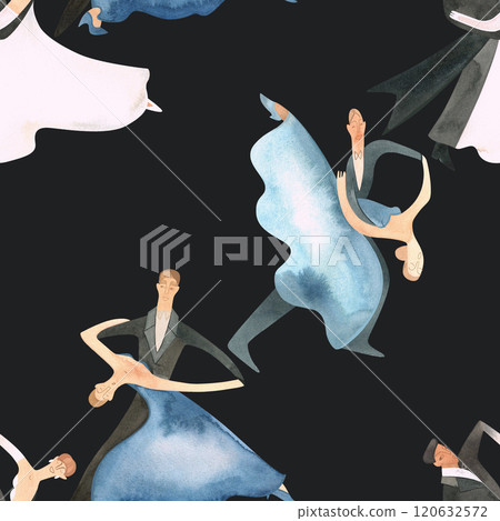 Ballroom dancing, standard. Adult couples on the parquet. Isolated watercolor illustration. Seamless pattern. Black background Ballroom dancing, standard. Adult couples on the parquet. Isolated watercolor illustration. Seamless pattern. Black background 120632572