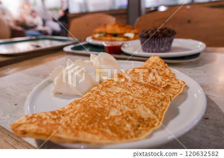 Swedish pancakes and cafe dessert plate 120632582