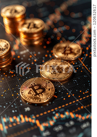 Selective focus of 3D rendering of a golden bitcoin coin on a background. 120632617