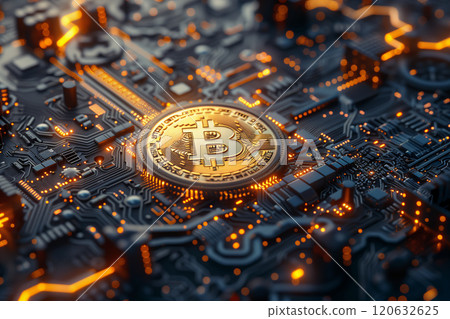 Selective focus of 3D rendering of a golden bitcoin coin on a background. Selective focus of 3D rendering of a golden bitcoin coin on a background. 120632625