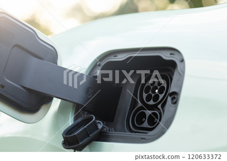 Close-up of an open electric vehicle charging port showing both AC and DC connectors, emphasizing dual charging options for versatile energy solutions 120633372