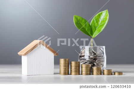 Glass jar filled with coins and a small seedling in the center, with stacked coins arranged from smallest to largest and a wooden house model on a table. Saving for house and financial growth 120633410