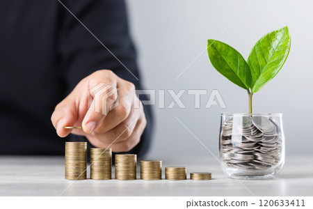 Businessman arranges stacked coins from smallest to largest, with a coin jar holding a sprouting plant nearby. Wooden blocks reading '2025' represent financial growth and future planning 120633411
