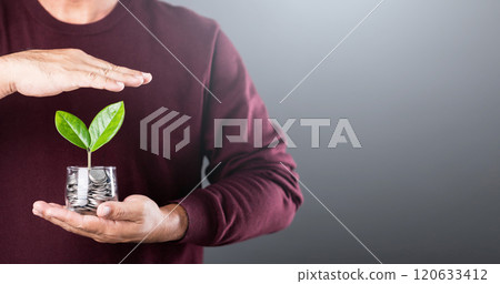 Businessman holds a coin jar with a sprouting plant, shielding it with his other hand. The gesture symbolizes nurturing and protecting personal finances for sustainable growth 120633412