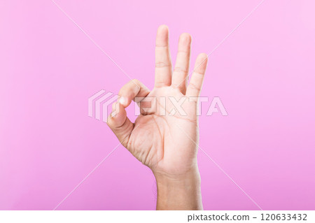 A hand displays various gestures, including a fist, open palm, and raised fingers, against a pink background. A visual exploration of communication through hand symbols A hand displays various gestures, including a fist, open palm, and raised fingers, against a pink background. A visual exploration of communication through hand symbols 120633432