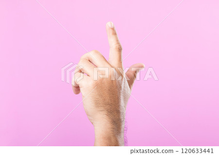 A hand displays various gestures, including a fist, open palm, and raised fingers, against a pink background. A visual exploration of communication through hand symbols A hand displays various gestures, including a fist, open palm, and raised fingers, against a pink background. A visual exploration of communication through hand symbols 120633441