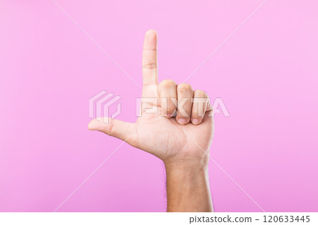 A hand displays various gestures, including a fist, open palm, and raised fingers, against a pink background. A visual exploration of communication through hand symbols 120633445